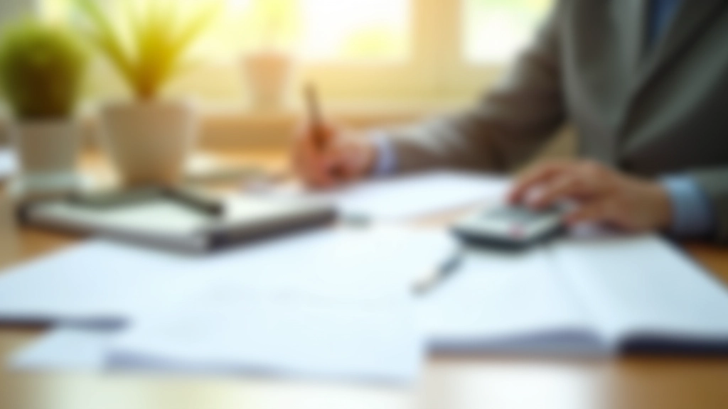 Financial documents and calculator on wooden desk with notebook, professional workspace